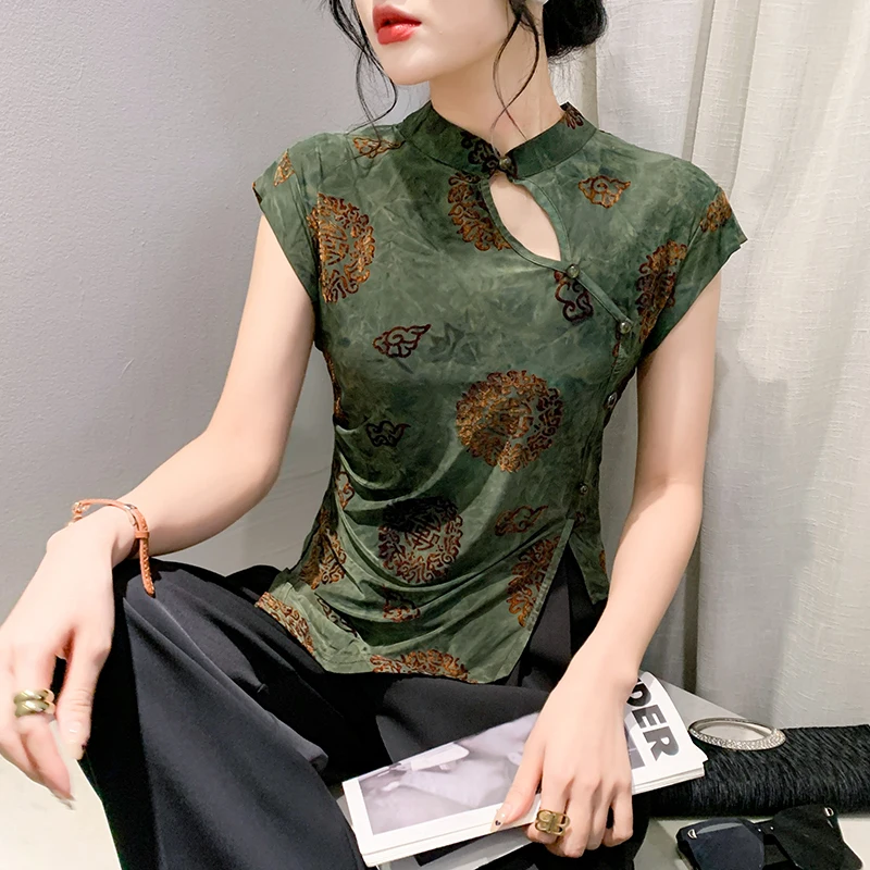 2024 New Summer Vintage Style T-Shirt Sexy Stand Hollow Out Cheongsam Buckle Irregular Pattern Tops Women Short Sleeve Tees 4301