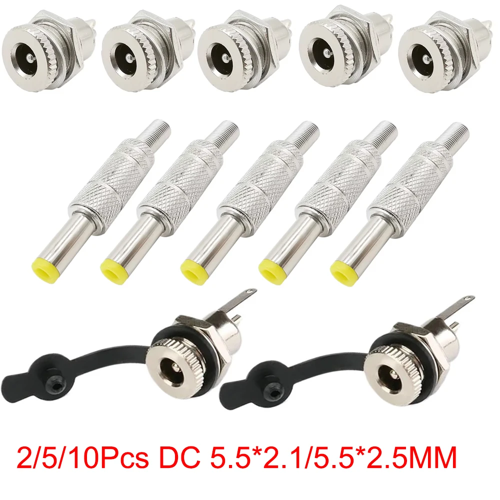2/5/10Pcs Silver Metal 5.5x2.1mm/5.5mm x 2.5mm DC Power Male Plug Jack Connector with Spring Yellow Head 5.5*2.1/5.5*2.5mm