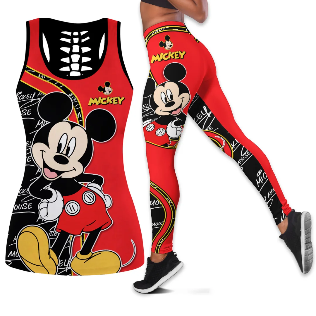 Disney Mickey Mouse Women's Hollow Tanktop Leggings Yoga Set Fitness Leggings Sports Suit Disney Vest Tank Top Legging Yoga Set