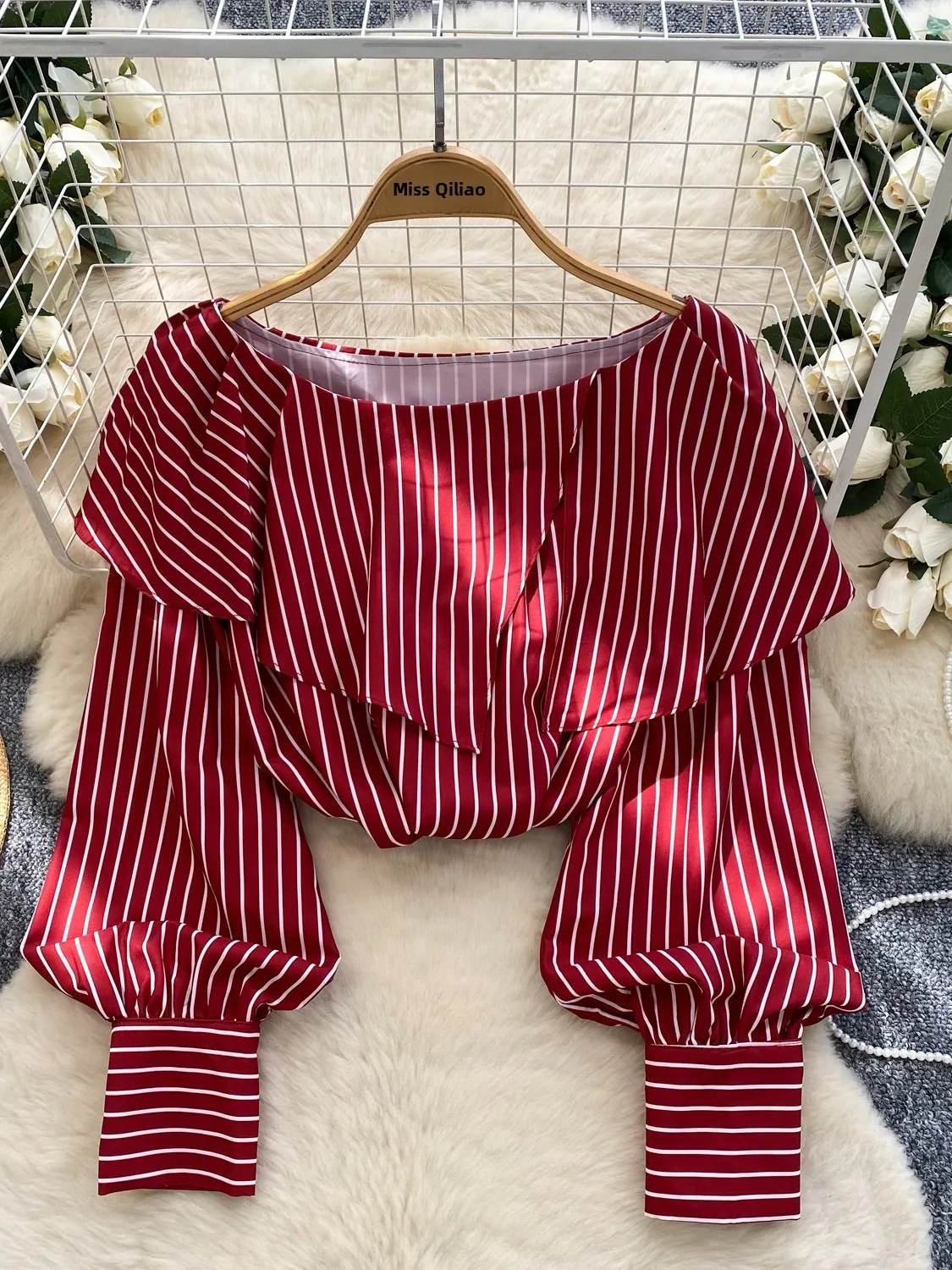 

Long Sve Women's irt Loose Fit Striped Top Asymmetrical Hem Splicing Design Breathable Comfortable Korean Sle Office Wear