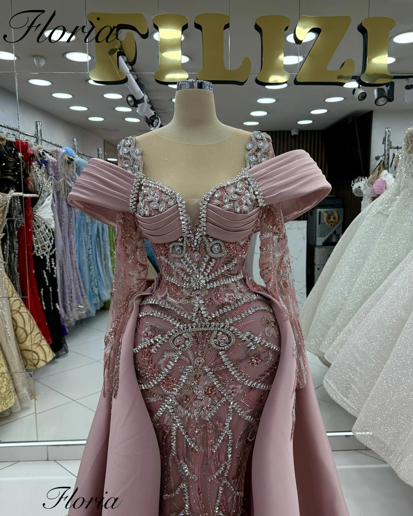 Two Pieces Blush Pink Evening Dresses With Detachable Train Long Sleeves Formal Occasion Dresses Vestidos De Fiesta Customized