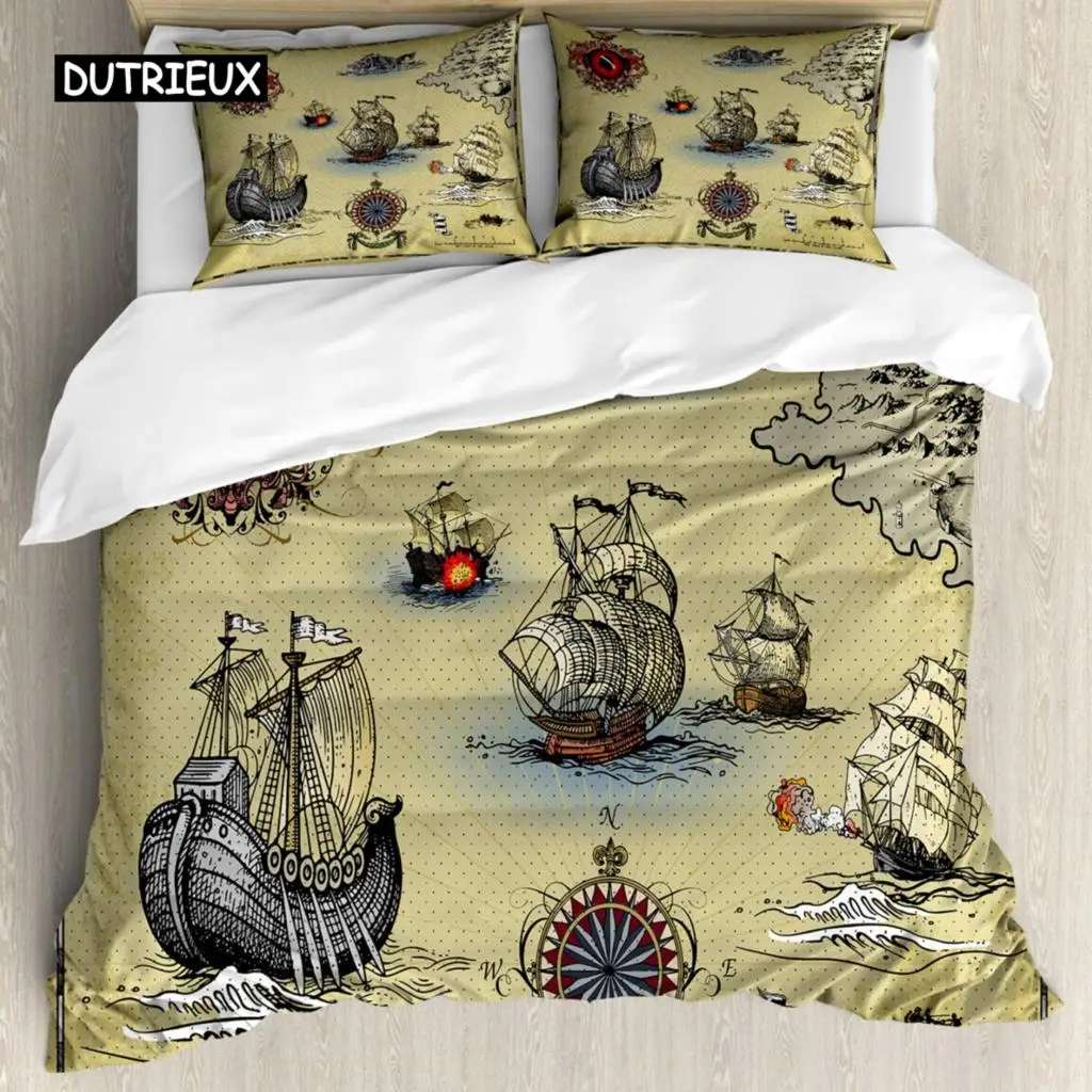 Compass Duvet Cover Antique Old Plan Discovery Ship Pirate Wave Compass Navigation Geography Queen King Polyester Bedding Set