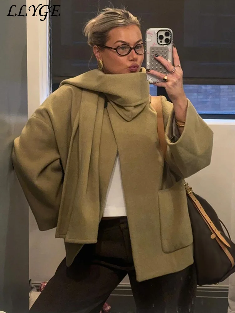 

Casual Women's Woolen Blends Coats Loose O-neck Long Sleeve Pocket Hidden Button Female Jacket 2024 Winter Lady Solid Streetwear