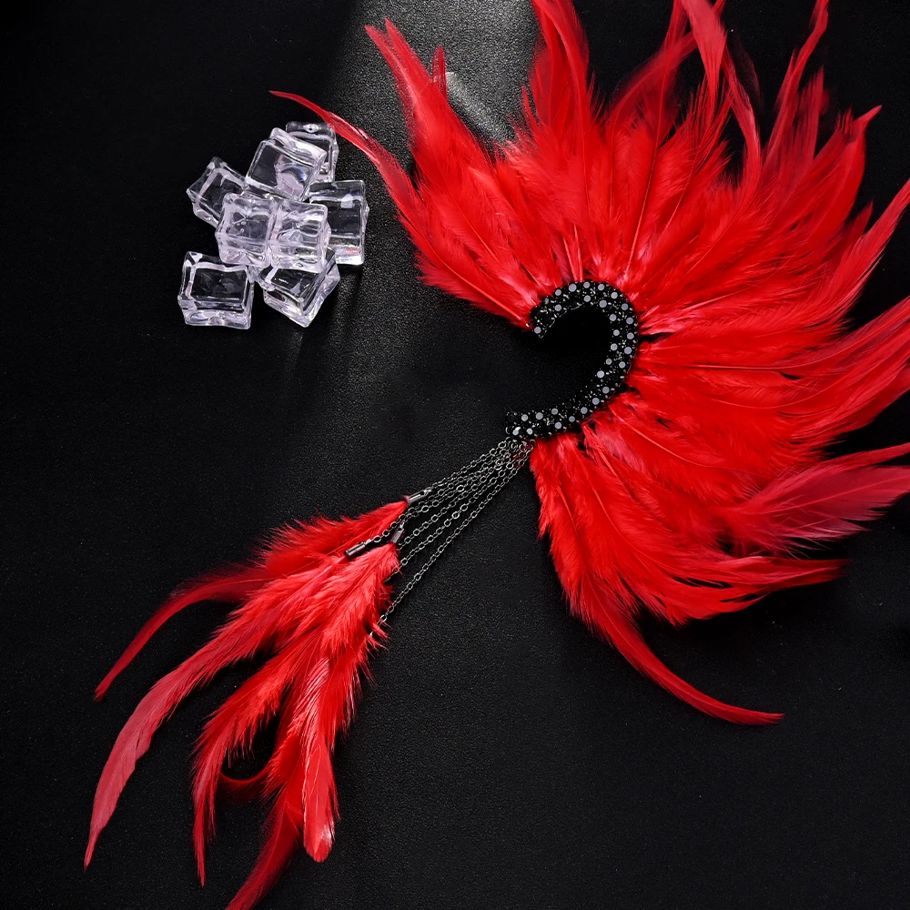 XSBODY Charm Red Feather Tassel Earrings Non Piercing Jewelry Gift Gorgeous Long Pendant Rhinestone Ear Cuff for Women Holloween