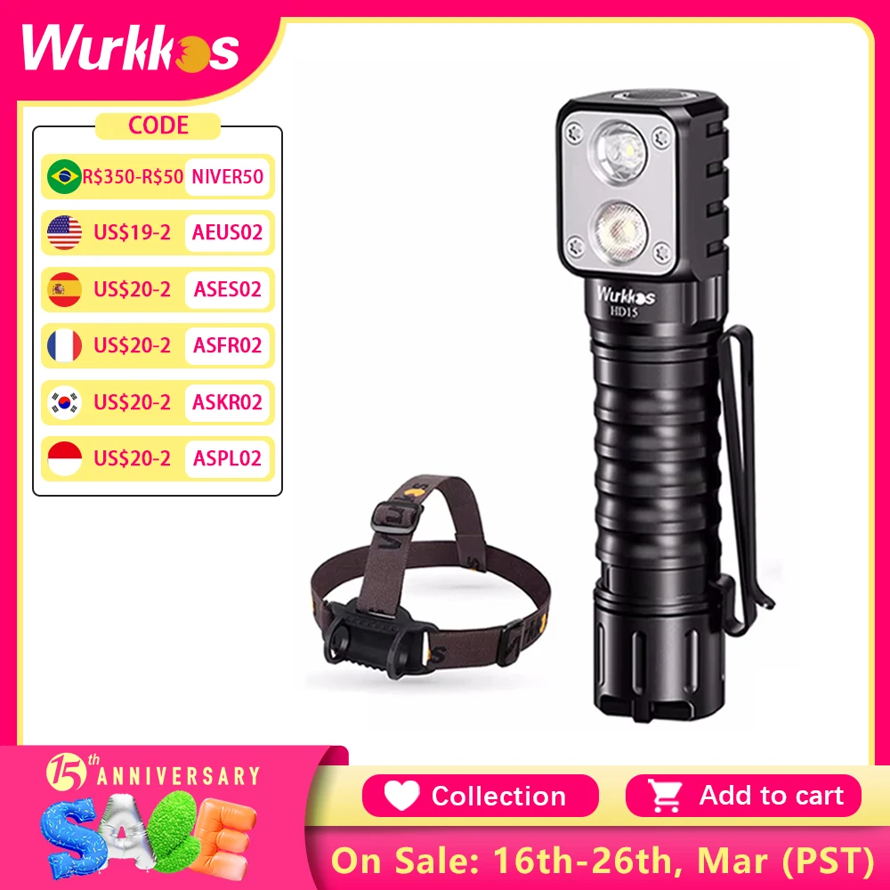 Wurkkos HD15 Headlamp 18650 2A Rechargeable Headlight 2000lm Dual LED LH351D+SST20 USB Reverse Charge Magnetic Tail Hiking