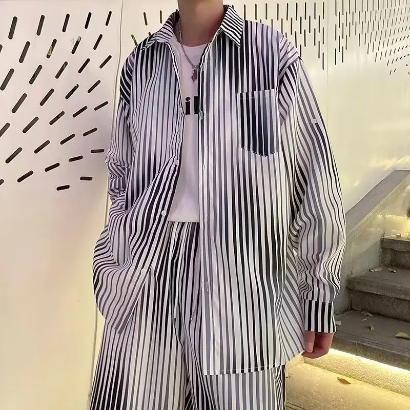 Stripes men's Suits Summer Fashion Leisure Sports Long Sleeve Shirts And Shorts Wind two-piece Tide High Street