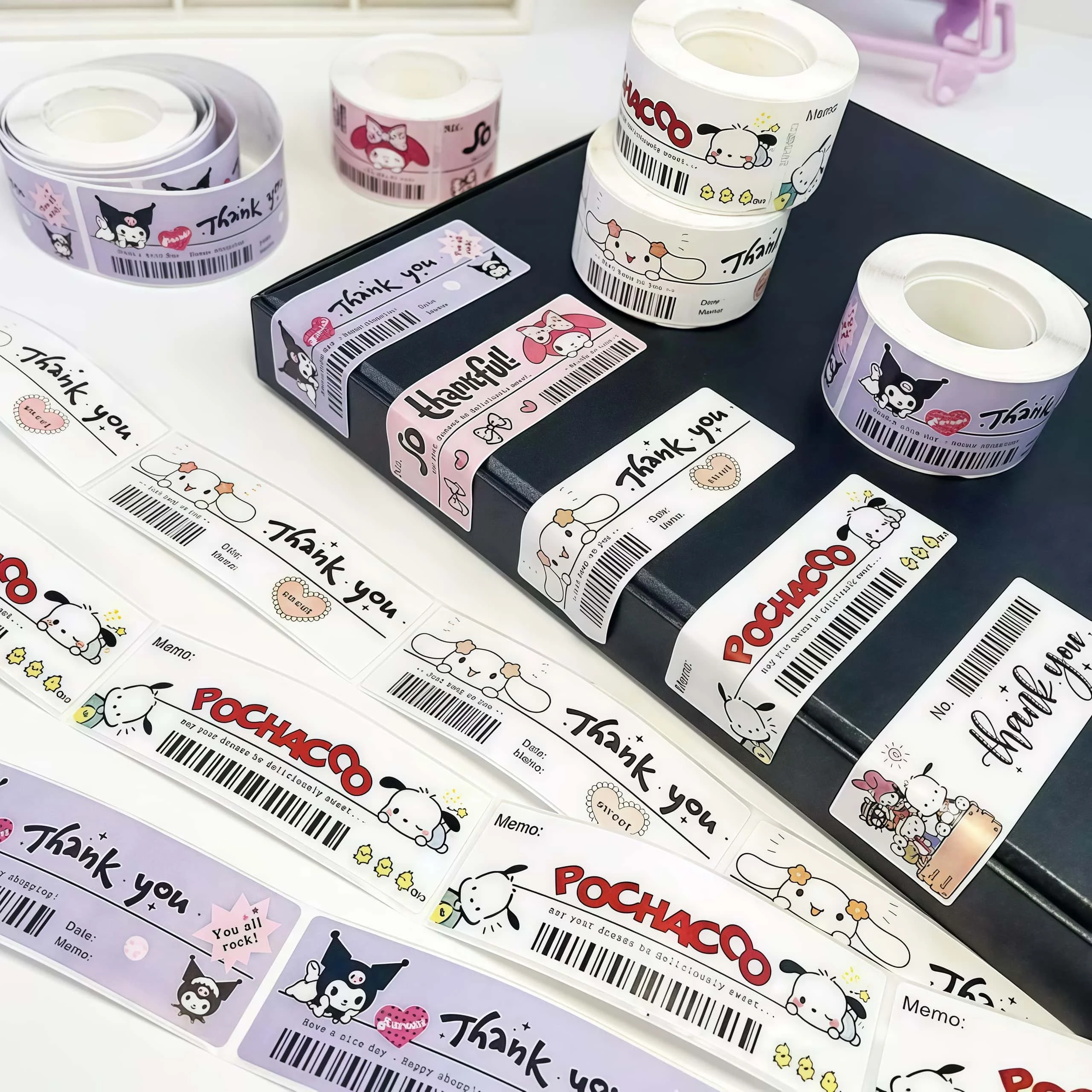 120 قطعة/لفة ملصقات كرتونية شكرًا لك، شارات Kawaii Hello Kitty Kuromi لتغليف الهدايا، مشغولات يدوية ذاتية الصنع |