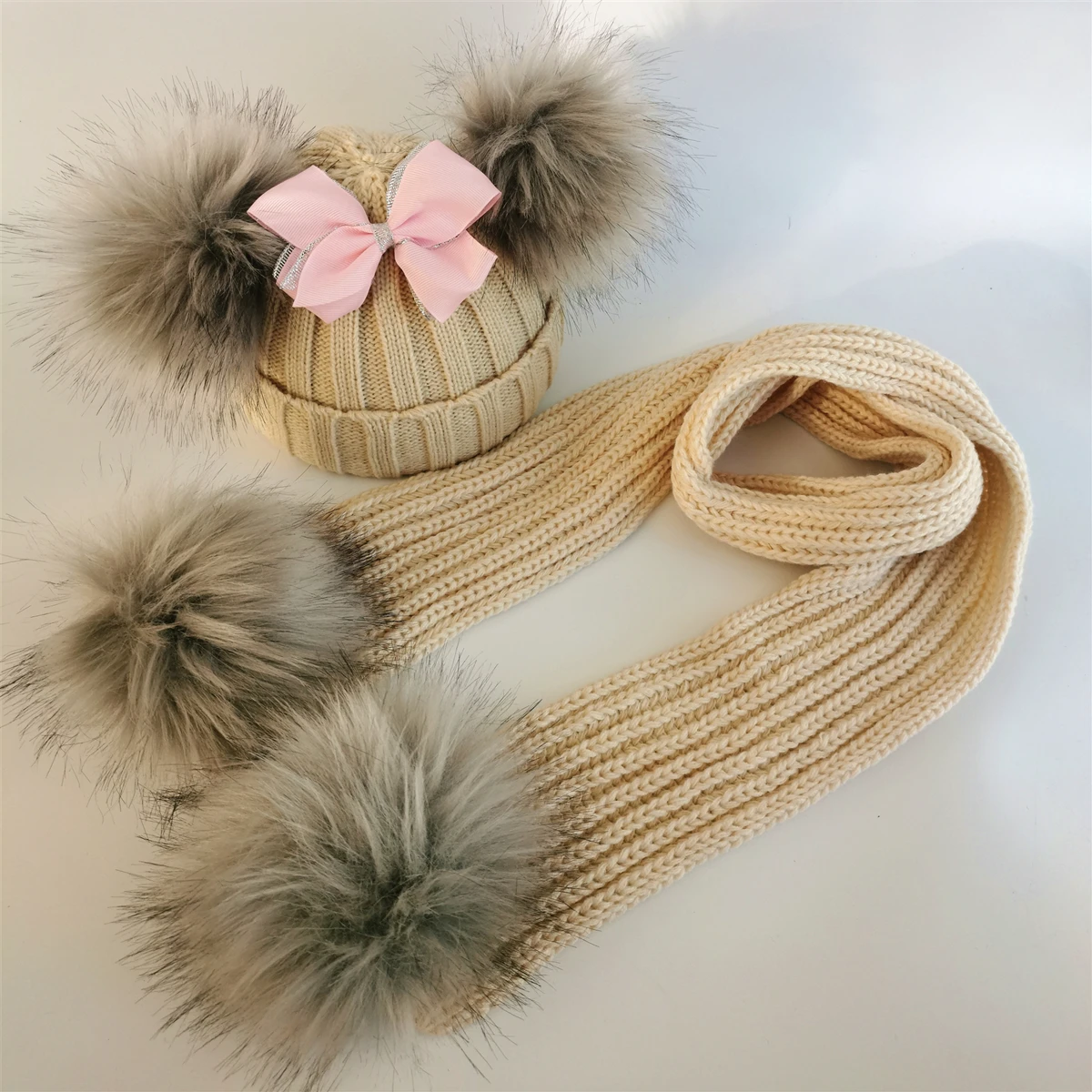 

kids winter toddler baby kids faux fur butterfly plumpy tie hat cap beanie with 2 two double pom poms scarf ears hat for girls