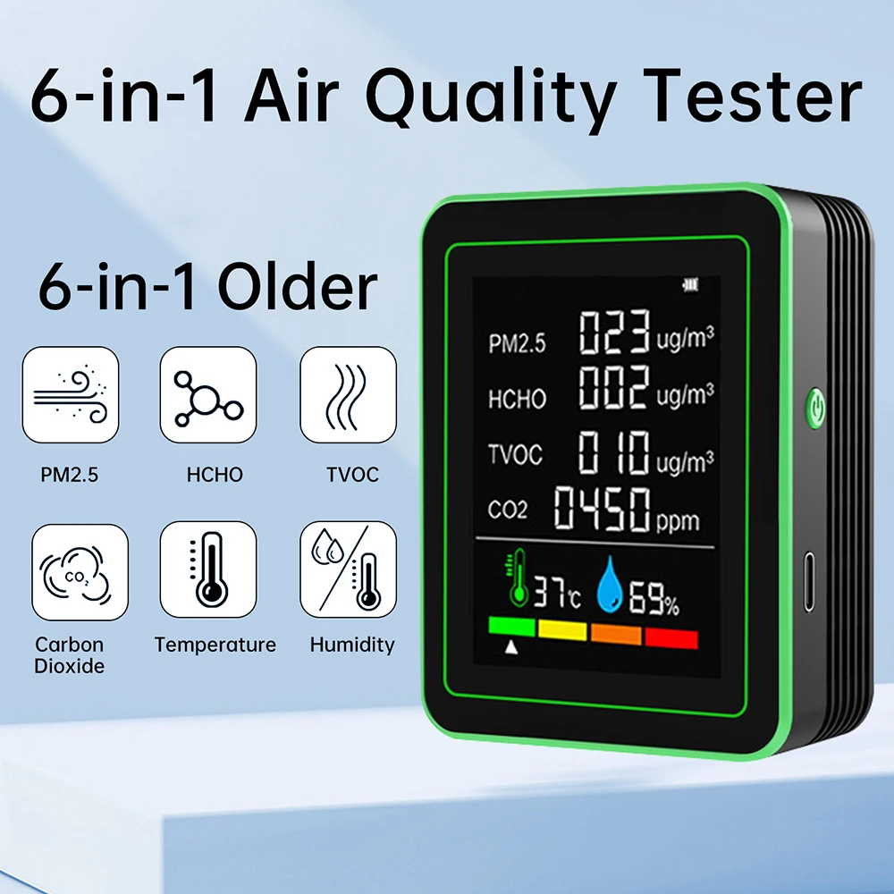 6 In 1 Carbon Dioxide Detector Formaldehyde Detection TVOC PM2.5 Temperature Humidity CO22 Air Quality Monitor