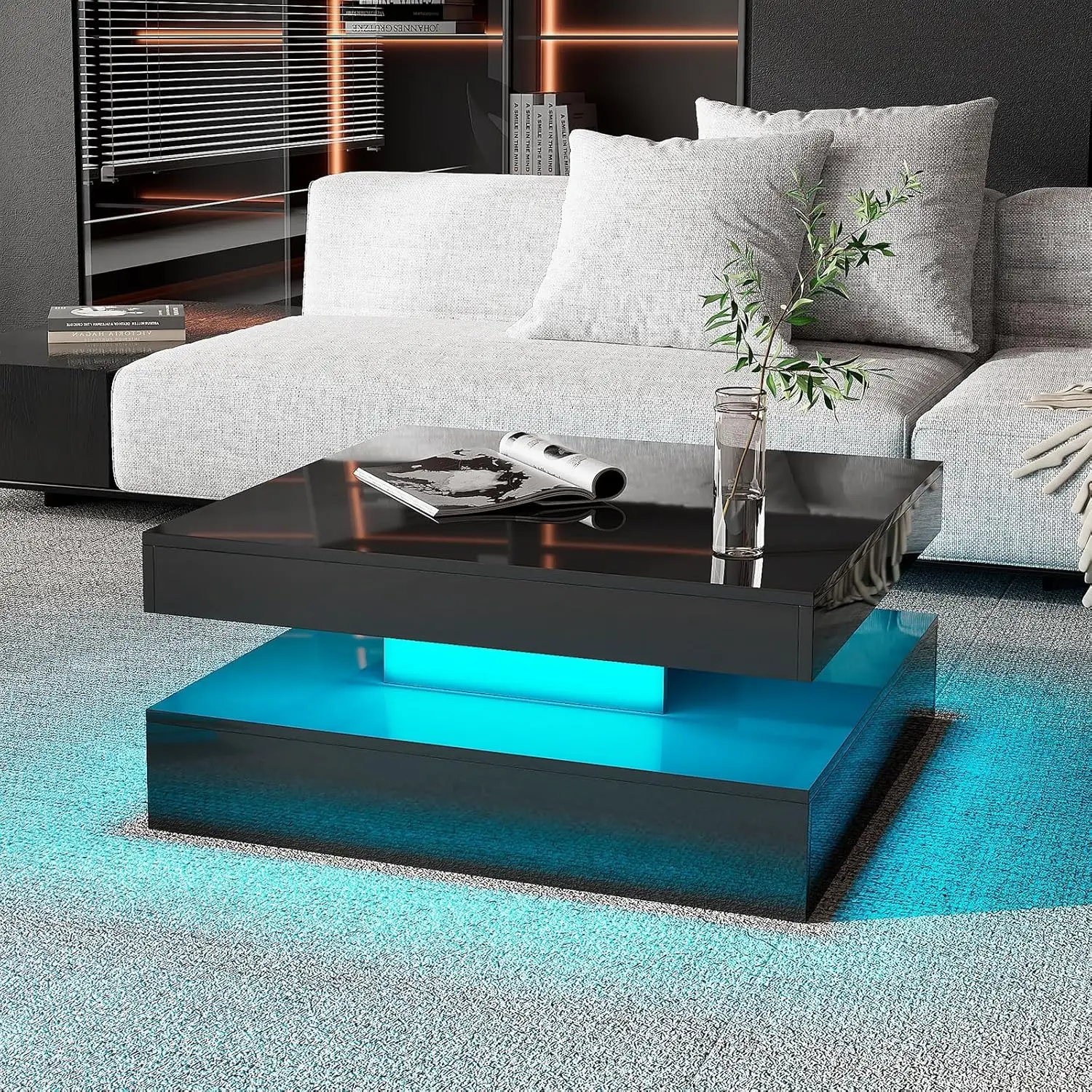 Black LED Coffee Table for Living Room, Wood Square 2-Tier Storage Modern Center Table, Glossy Contemporary Coffee Table