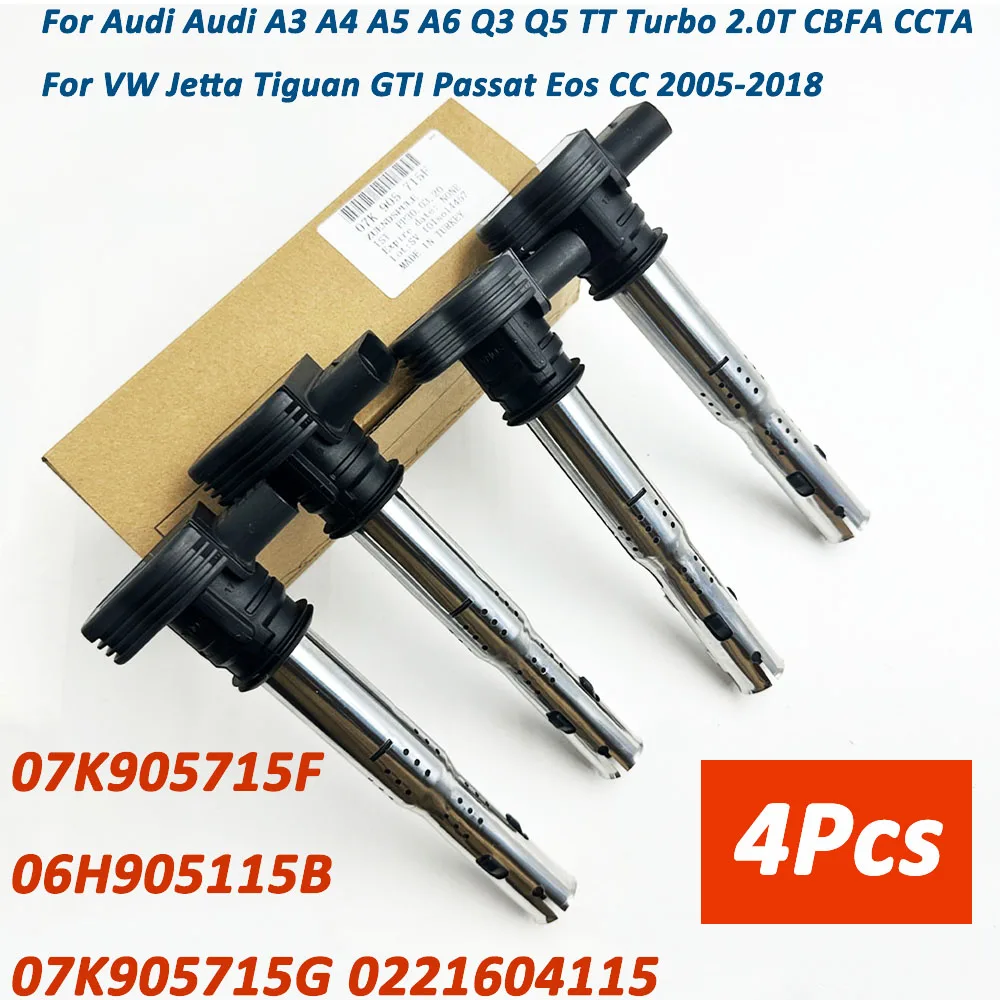 4Pcs Ignition Coil 0221604115 07K905715F UF575 07K905715 06F905115E 06H905115B For 2005-18 Audi A3 A4 A6 TT Q3 Q5 VW Golf Passat