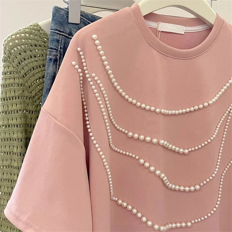 تي شيرت كوري Sle بتصميم جميل ثقيل مزين ort Sve تي شيرت نسائي صيفي كسول فضفاض متعدد الاستخدامات للتنحيف مستدير Ne