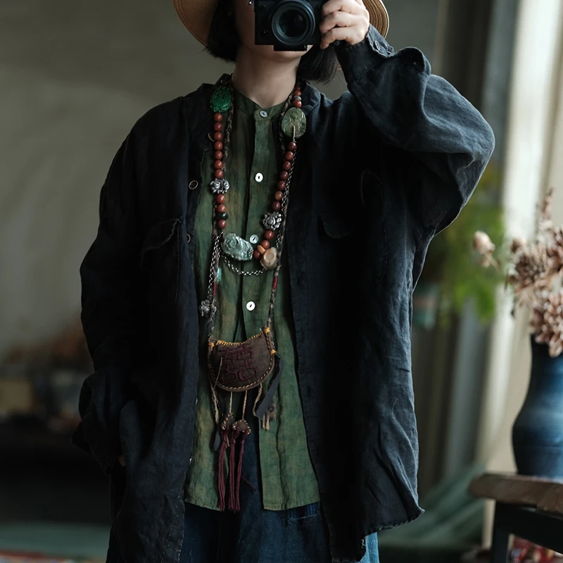 

100% Linen Women Long Sleeve Casual Shirt New Arrival 2025 Autumn Vintage Solid Color Loose Female Oversizd Tops Shirts M2060