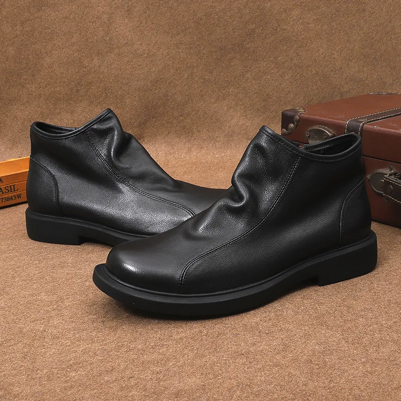 High Quality Platform Boots Mens Short Boots High-top Leather Shoes Trendy Soft-faced Wedge Heel Leather Boots Botas Para Hombre