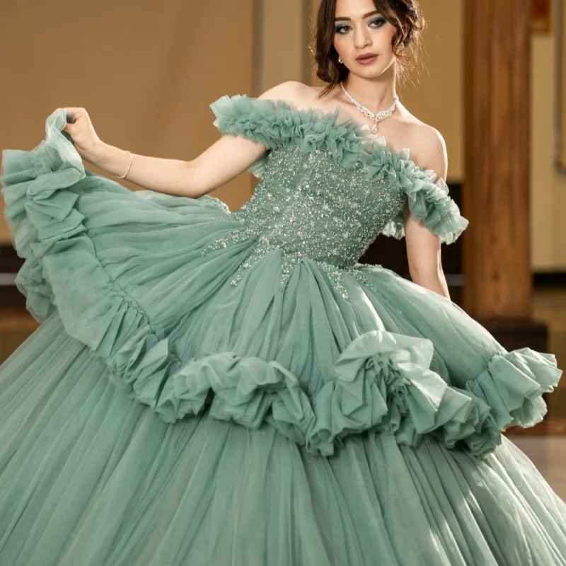 

Customized green Quinceanera Dresses Off the Shoulder crystal applique layering beads Long tail Vestido 15 Quinceanera