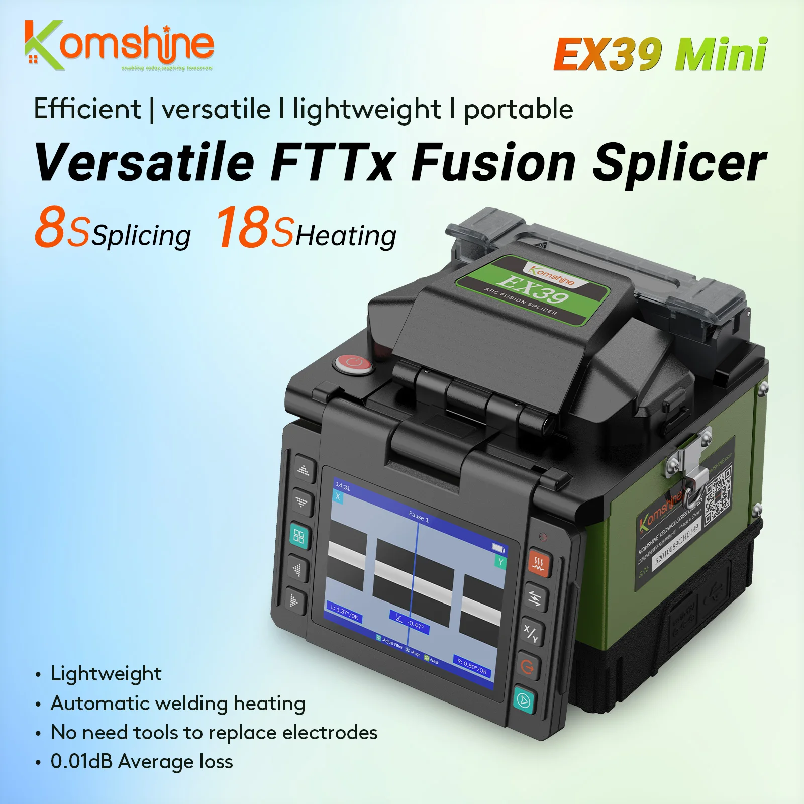 Komshine EX39 Fusion Splicer FTTX Mini Size Fiber Splicer 8S Splcing time , 18s Heating time , 2 Layers-cooling Tank  ,0.01dB