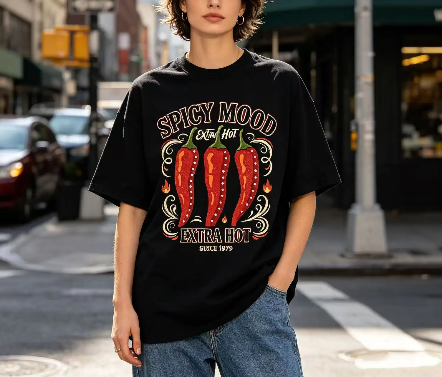 Unisex Spicy Mood Extra Hot Vintage Red Chili Pepper Retro Graphic T Shirt Men Women Food Lover Print Oversized Crew Neck Tee