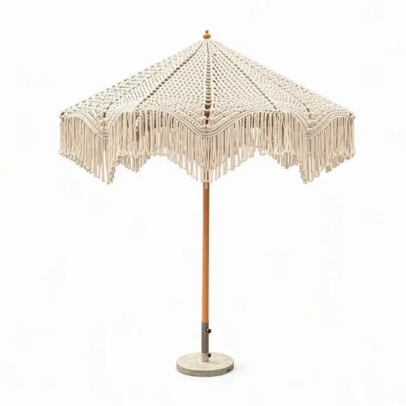 Factory wholesale custom lace cotton rope beach umbrella hand woven fringed outdoor garden parasol wooden pole