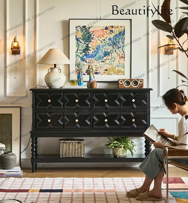 

French black solid wood porch cabinet retro living room aisle partition cabinet high-end light luxury locker