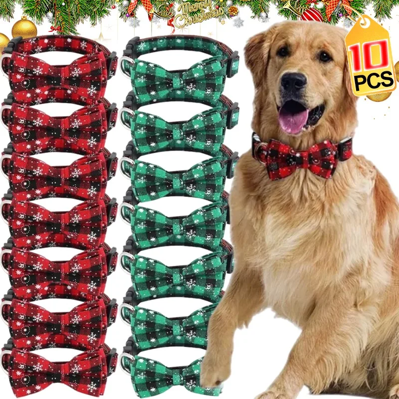 10/1PCS Christmas Plaid Snowflake Dog Collar with Adjustable Buckle Suitable for Small Large Dogs Cats Pets New Year Party Decor