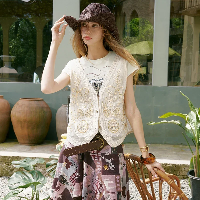 ELFSACK Boho Floral Embroidery Sleeveless VestV Neck Three Button Linen WaistcoatCropped Lace Trim Loose Layering