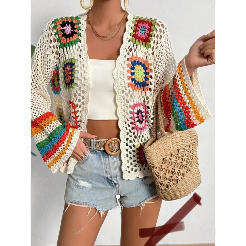 

Women's Autumn Spring Top Sweater Long Sleeve Cardigan Knitted Crochet Openwork Retro Comfortable Loose Casual Design Soft Niche
