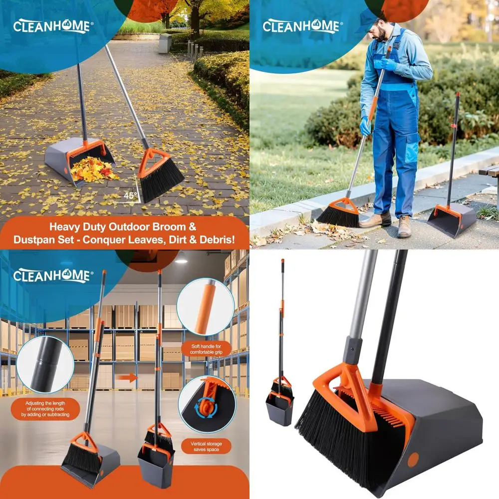 

Long-Handled Outdoor Broom and Dustpan Set for Tough Cleaning on Patios, Garages, and Decks