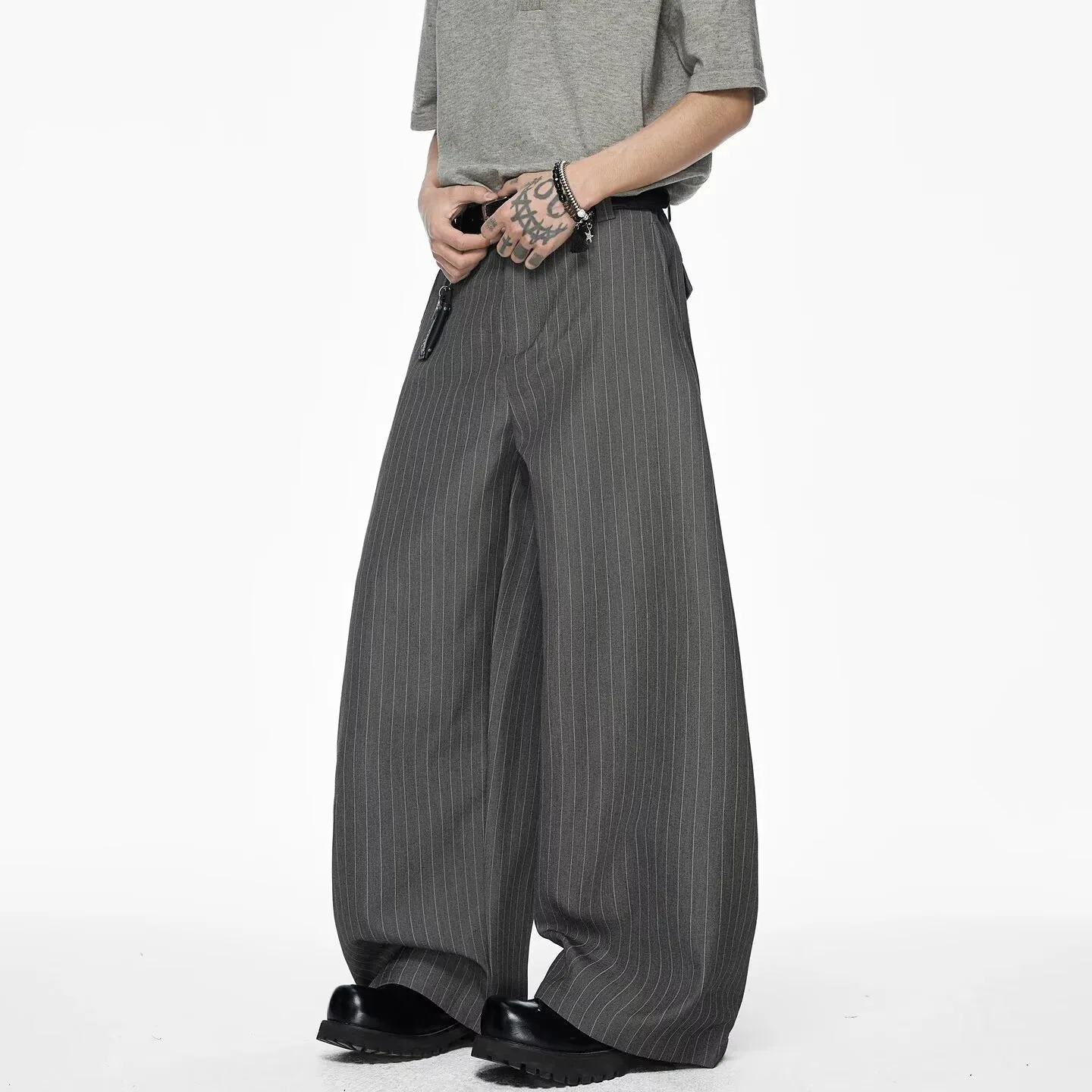 American Vintage New Fashion Women Grey Color-coded Wide Leg Floor Length Casual Simple Basic Suit Pants Male Clothes Trousers