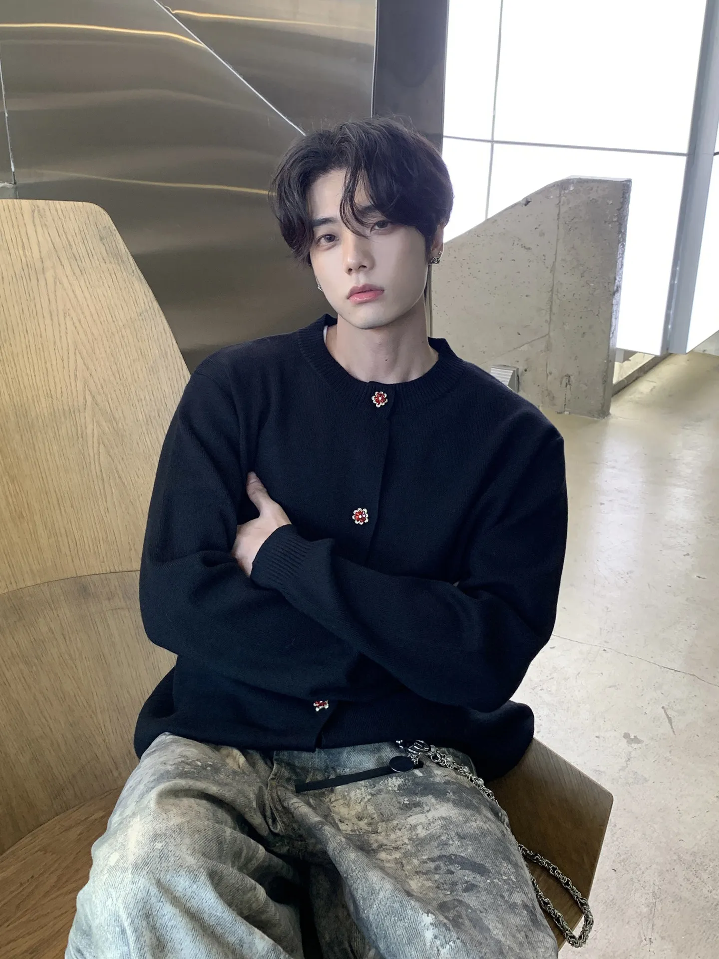 Gray Miu Knitted Sweater Jacket Men's Loose American Style Vintage Loose Fit High End Feel Open Cardigan for Autumn Winter