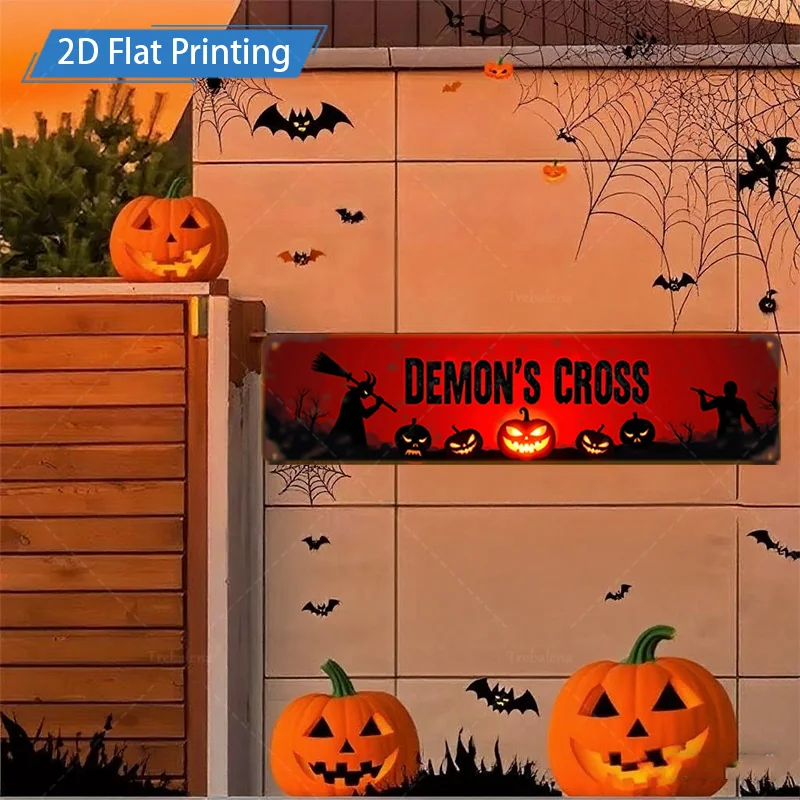 1 قطعة 8x12 بوصة علامة معدنية هالوين شيطان الصليب تسجيل مع القرع والخفافيش للديكور مخيف #4