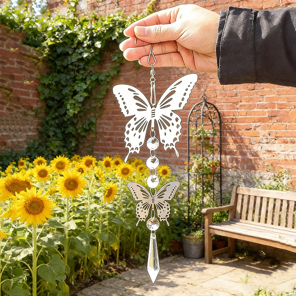 29cm Stainless Steel Butterfly Wind Chime Handmade Stringing Crystals Beads Pendant Sunlight Collector Garden Hanging Ornament