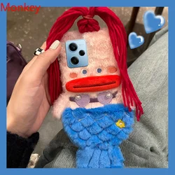 3D Cute Plush Mermaid Girls Gift Phone Case For Xiaomi 13T Redmi Note 12S 13 12 Pro 13C A3 Mi 14 X6 M6 Winter Fluffy Hair Cover
