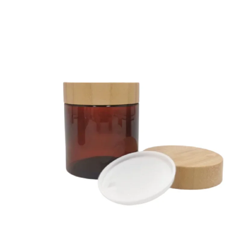 150G 250G Bamboo Wood Lid Plastic Pots Clear Brown Cosmetic Packaging Refillable Bottle 5oz 8oz Empty PET Eye Cream Jar 10pcs