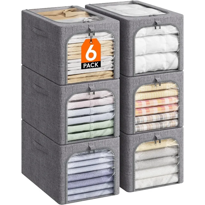

Clothes Storage Bins with Metal Frame, Foldable Clothing Storage Bins with Lids, 40L Stackable Storage Box Bags