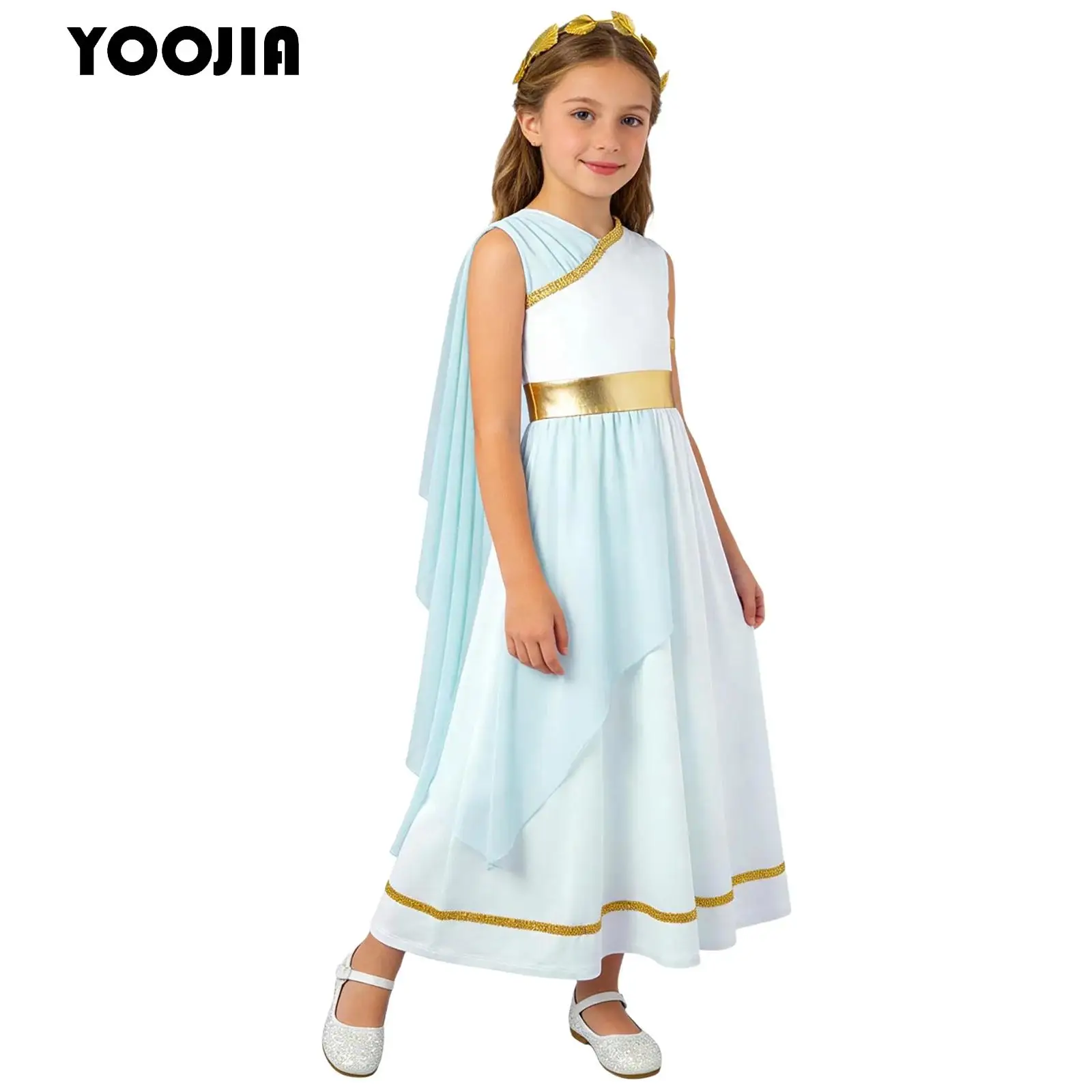 Kids Girls Athena Costume Set Ancient Greek Princess Toga Robe Halloween Carnival Fancy Flowy Tulle Shawls Dress with Headwear
