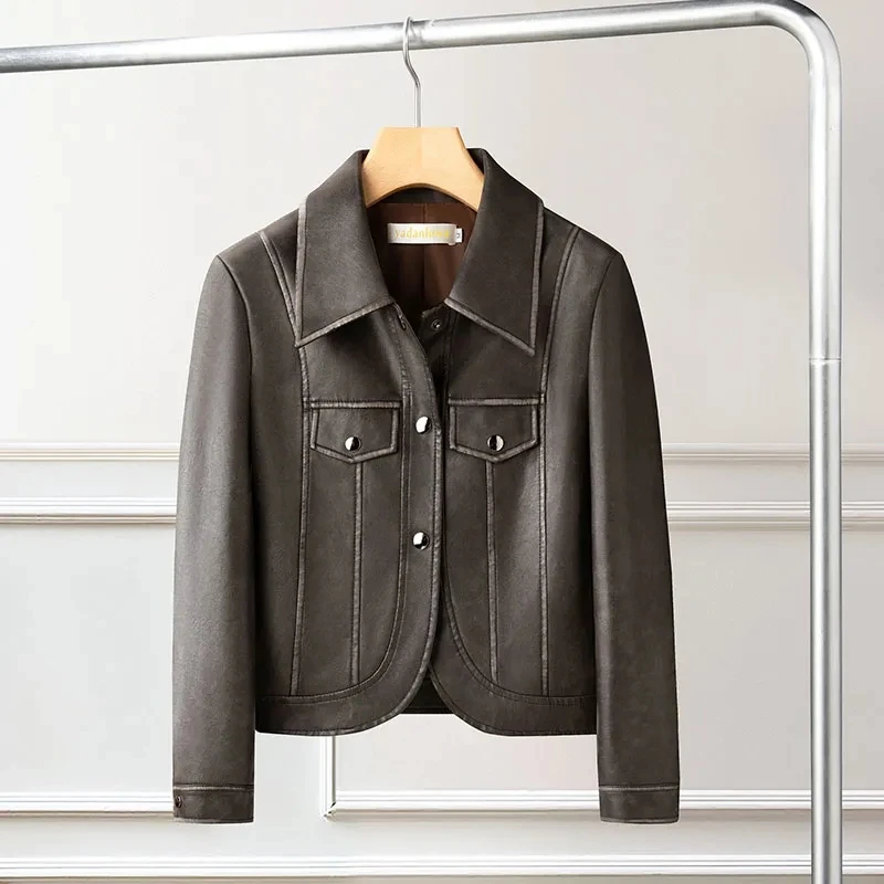 2025 새로운 봄 가을 옷깃 패션 기질 오토바이 가죽 자켓 탑 여성 짧은 슬림 PU 가죽 자켓 코트