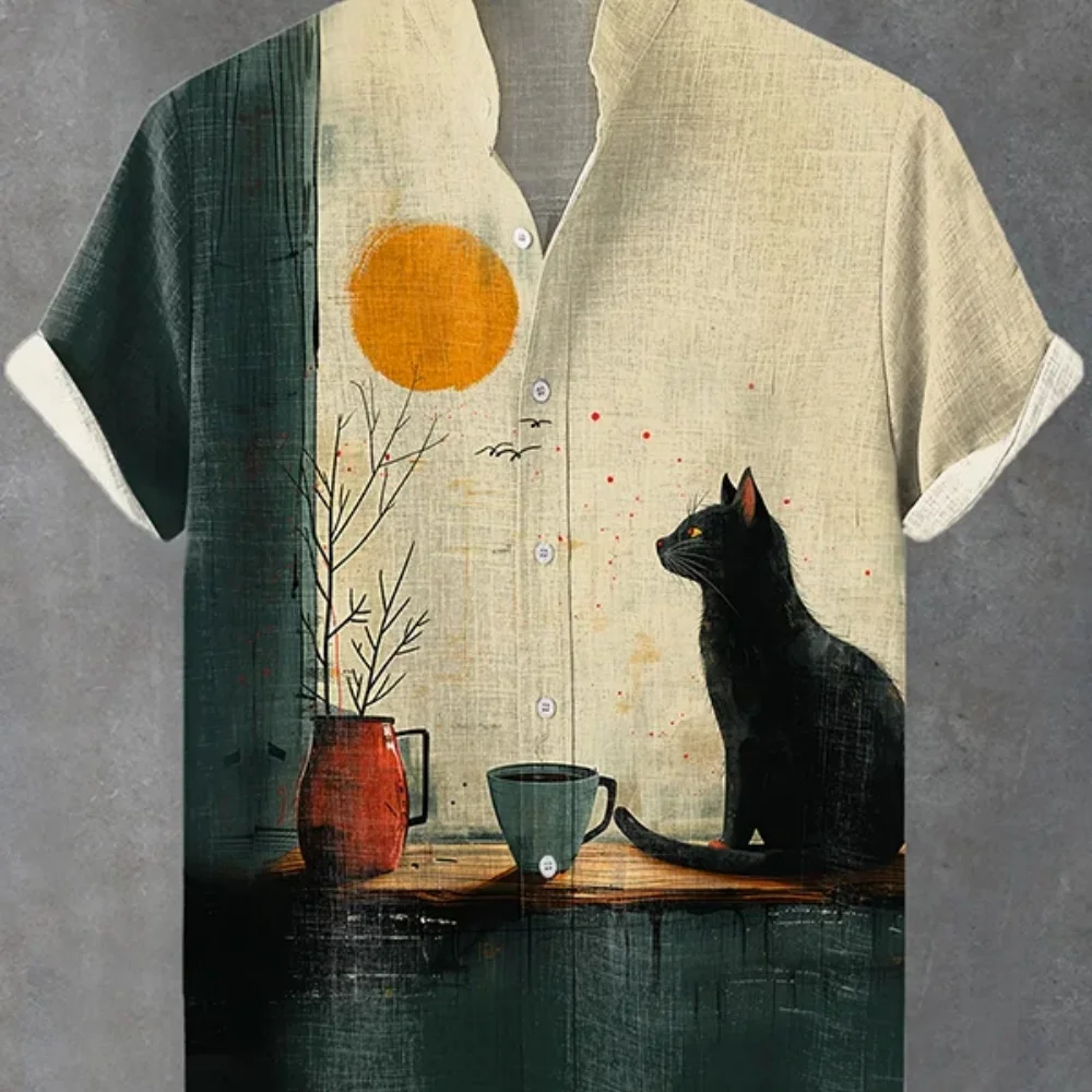 

Men's Retro Cat Print Linen Shirt Short Sleeve Stand up Collar Button up Hawaiian Style Casual Vacation Fashion Clothing
