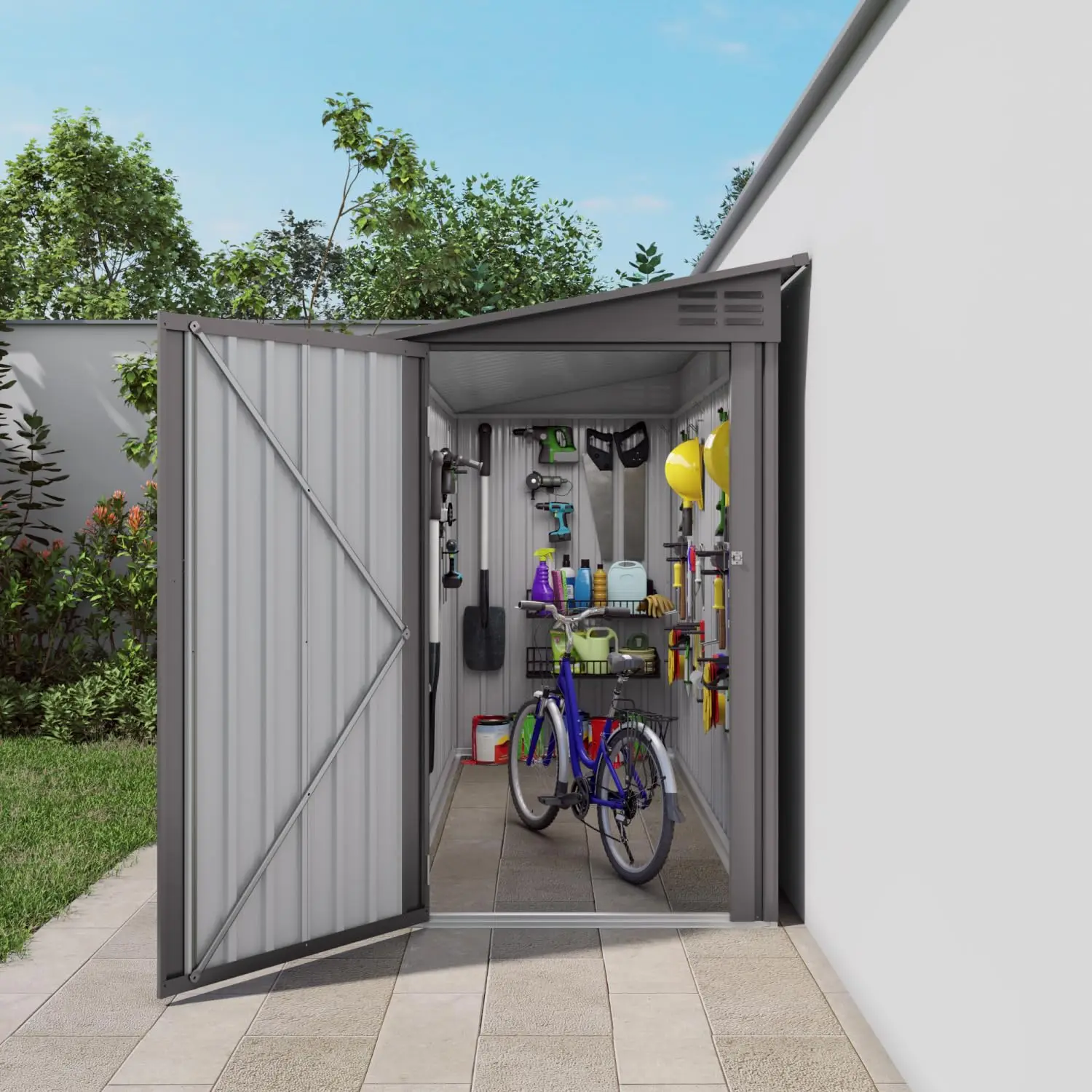 4x9 FT Lean to Shed with Windows, Metal Garden Shed Tool House with Sloping Roof