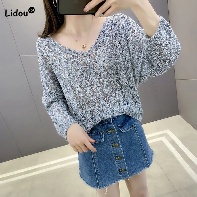 Spring Summer Lady Loose Solid Color Hollow Out Sexy Knit T-shirt Simplicity All-match Batwing Sleeve Tops Women's Clothing