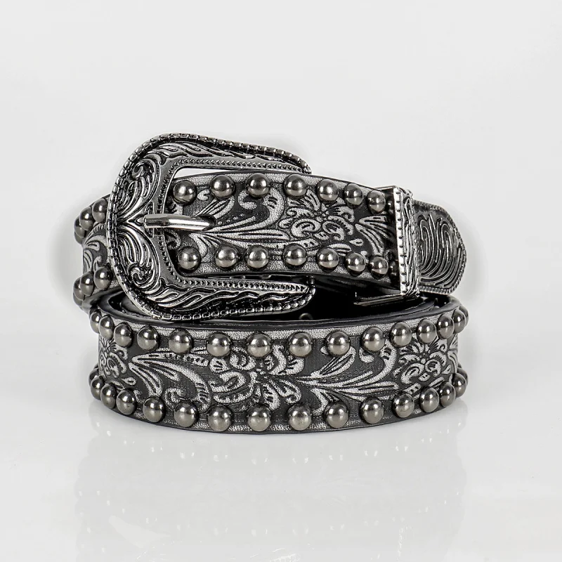 Western Retro Distress Rivet Design Embossed PU Leather Women Belt Fashion Vintage Pin Buckle Belt for Ladies