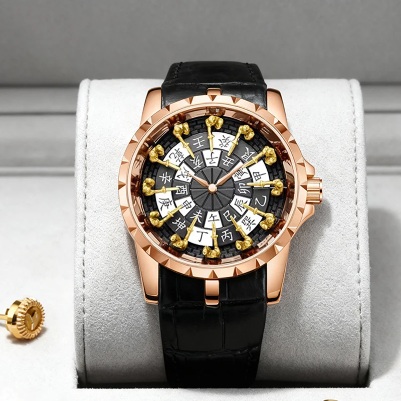 

Мужские винтажные литературные стильные новые кварцевые часы из искусственной кожи со знаком зодиака в китайском стиле розово-черного цвета.