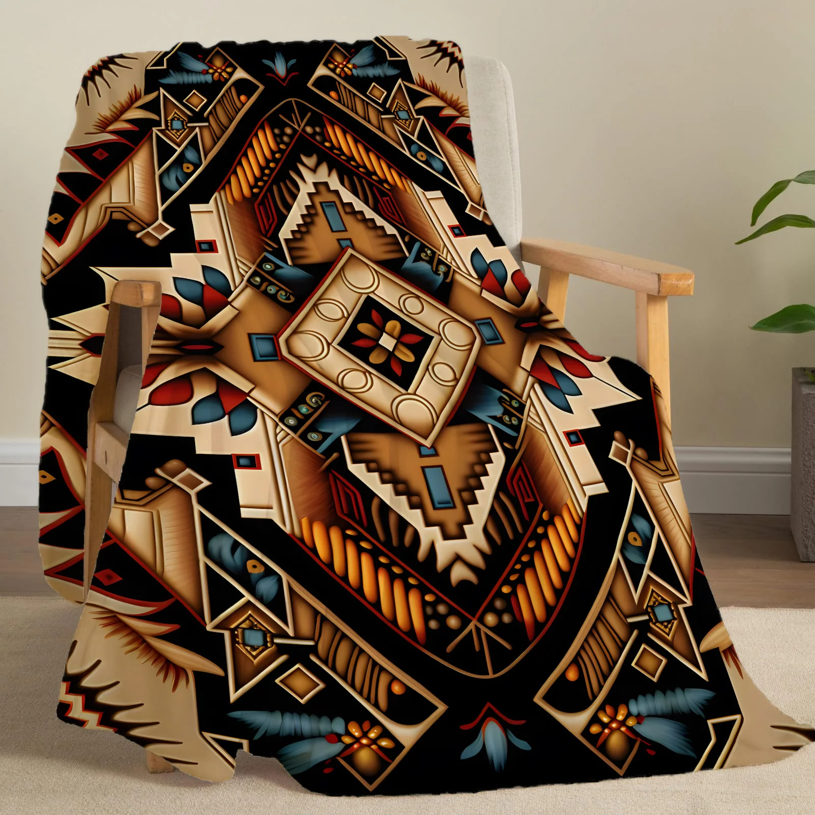 Manta de franela con estampado de patrones étnicos, manta súper suave y acogedora para sofá,manta para el hogar