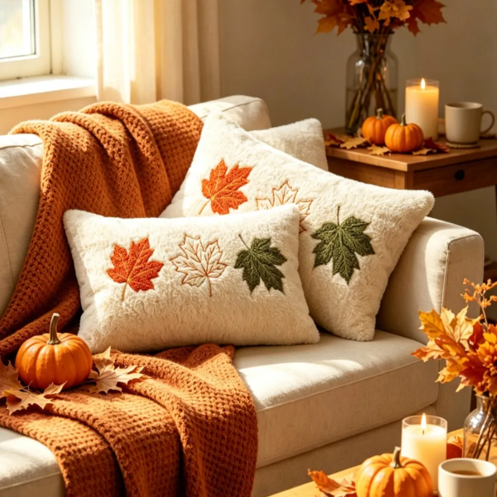 1/2pcs Festival Autumn Maple Leaf Pumpkin Embroidery Cushion Cover Modern Home Decoration Pillowcase Bedding 30x50cm 45x45cm