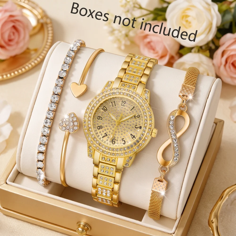 4Pcs/Set Unisex Jewelry Watches Women's Wristwatch Accessories Gold Trendy Fashionable Elegant Classic Exquisite Light Luxury Rhinestone Luxury Roman Numeral Dial Round Dial Quartz Watch Set Y2K Suitable for Travel, Parties, Daily Outfits, Perfect Birthday and Holiday Gift