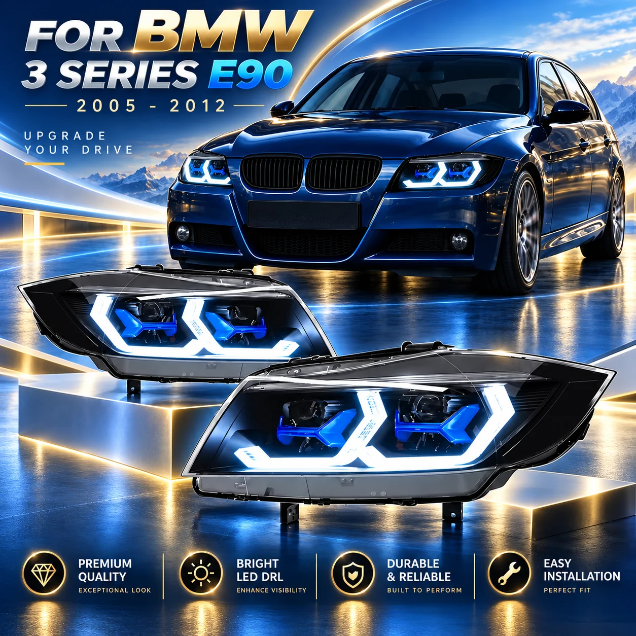 TYPY LED-Scheinwerfereinheit für BMW 3er E90 2005-2012, Frontscheinwerfer mit dynamischem Blinker, Upgrade, modifizierter Ersatz, Autozubehör
