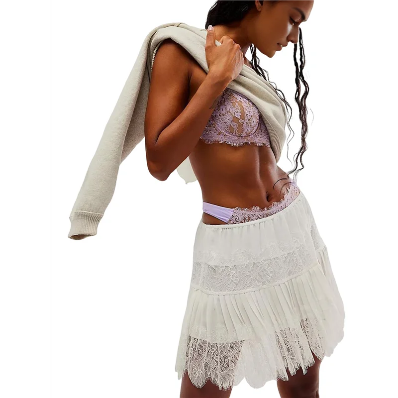 

ABRT-Women's Y2k Half Slip Skirt Low Rise Pleated Ruffle Lacetrim Skirt Layered Flowy Short Skirts Underskirt