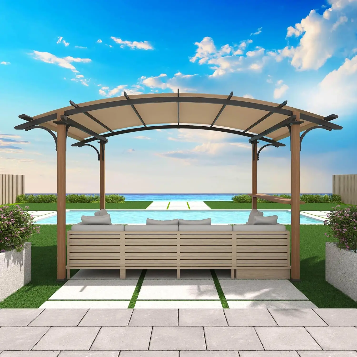 

Уличная беседка размером 8,5 x 13 футов, металлическая беседка с арочным навесом, полками, верхней части стойки, беседка из натурального дерева для Backya