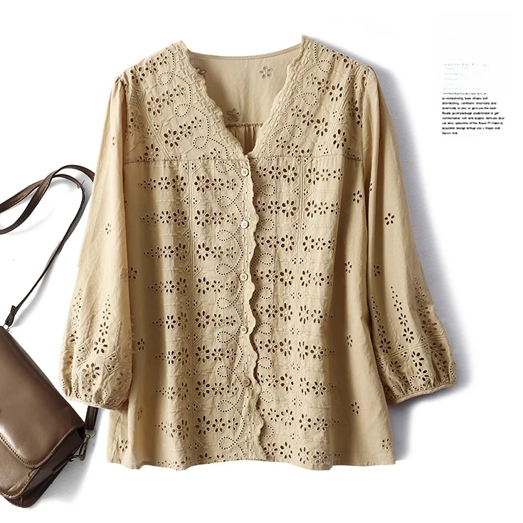 

Кружевной топ с полой вышивкой в стиле ретро, свободный топ-фонарь Све, женский топ премиум-класса из смеси хлопка с пуговицами и V-образным вырезом для поездок на работу