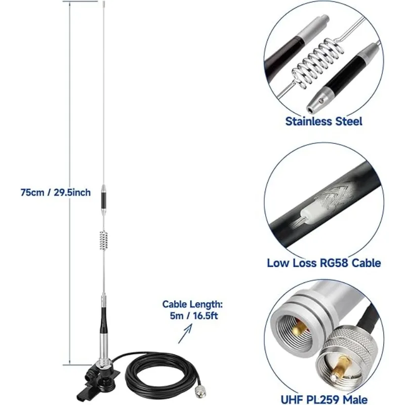 Mobile Ham Radio Antenna VHF UHF 144/430MHz Car Truck Amateur 2 Way Radio Antenna with Mount Fixed Bracket PL259 Male RG58 Cable