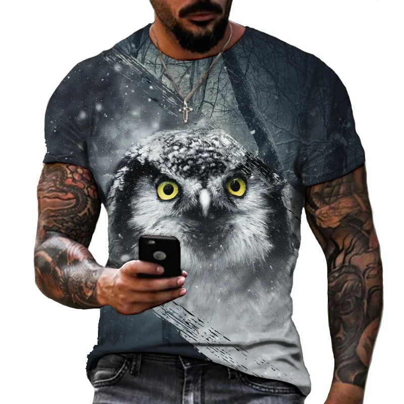 2025 New Street Trend Short-sleeved Animal Owl Handsome 3D Printed T-shirt Oversized Fashion Lycra Polyester Top